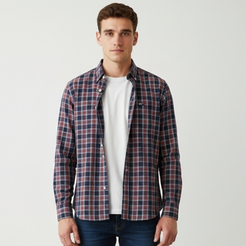 Men's Plaid Button-Down Shirt - Navy, Red, and White